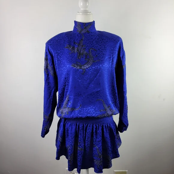 Vintage 90s Nicole Miller Silk Jacquard Alligator Crocodile Peplum Blouse - Picture 1 of 11